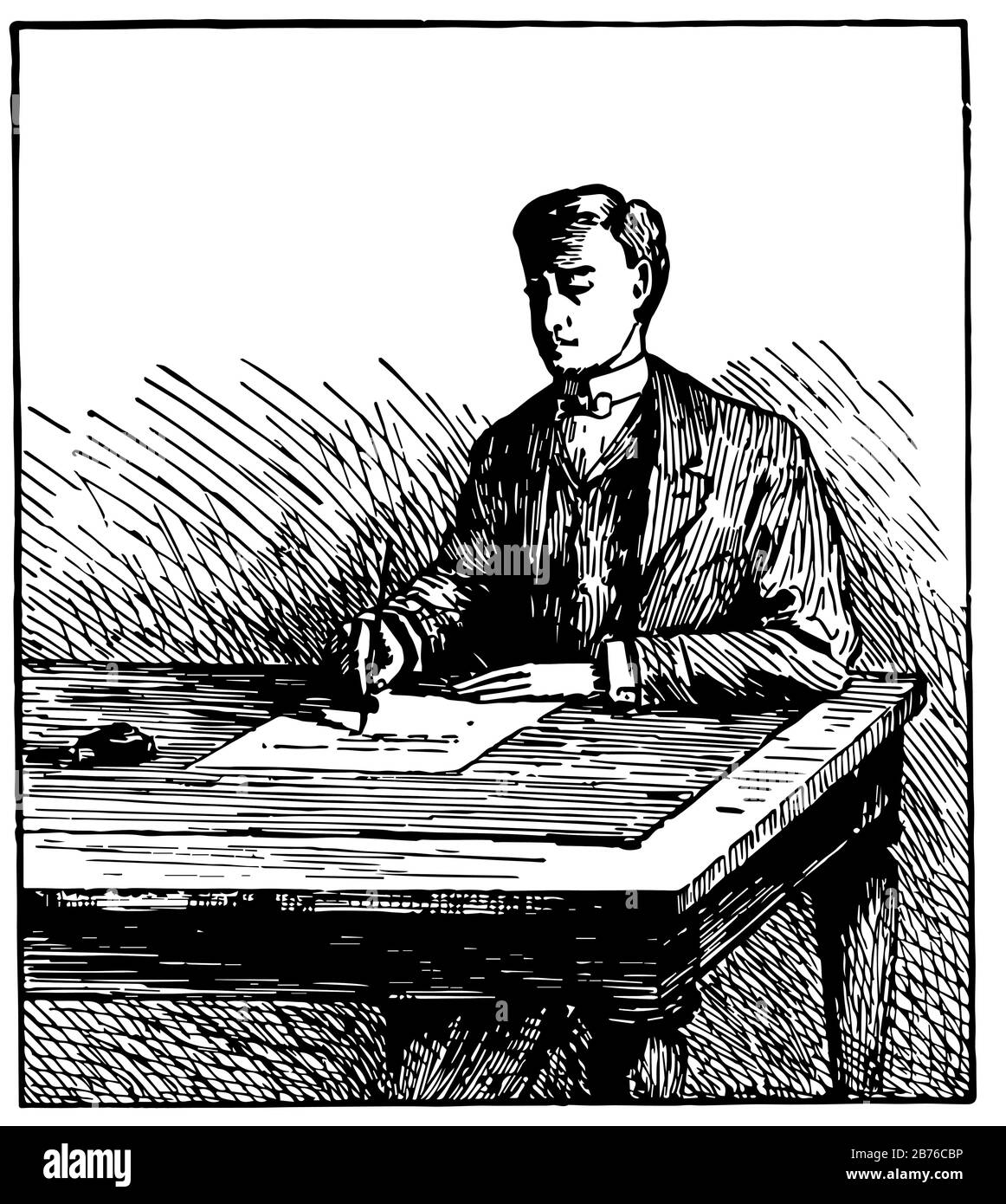 Homme écriture ou homme écriture sur bureau ou planche, écriture manuelle, écrivain, homme écriture papier, dessin de ligne vintage ou gravure illustration. Illustration de Vecteur