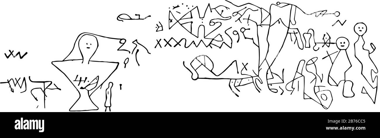 Les Inscriptions de Dighton Rock IV ont fait un peu de face par le sable dans ce motif, dessin de ligne vintage ou illustration de gravure. Illustration de Vecteur