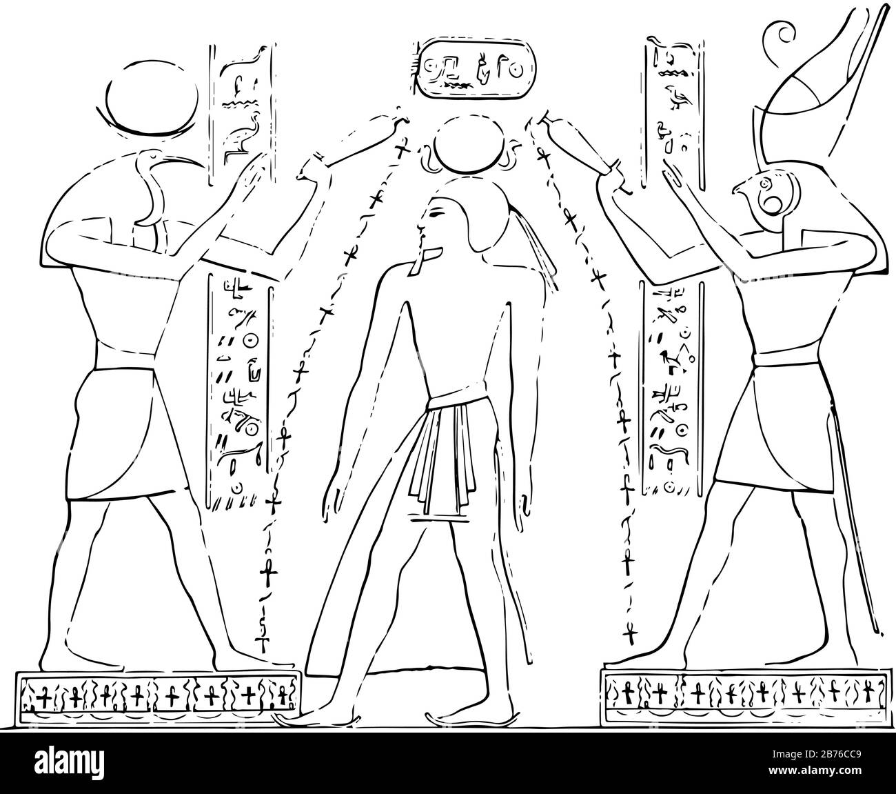 les bas-relief égyptiens sont entre Thoth et Horus, dessin de ligne vintage ou illustration de gravure. Illustration de Vecteur