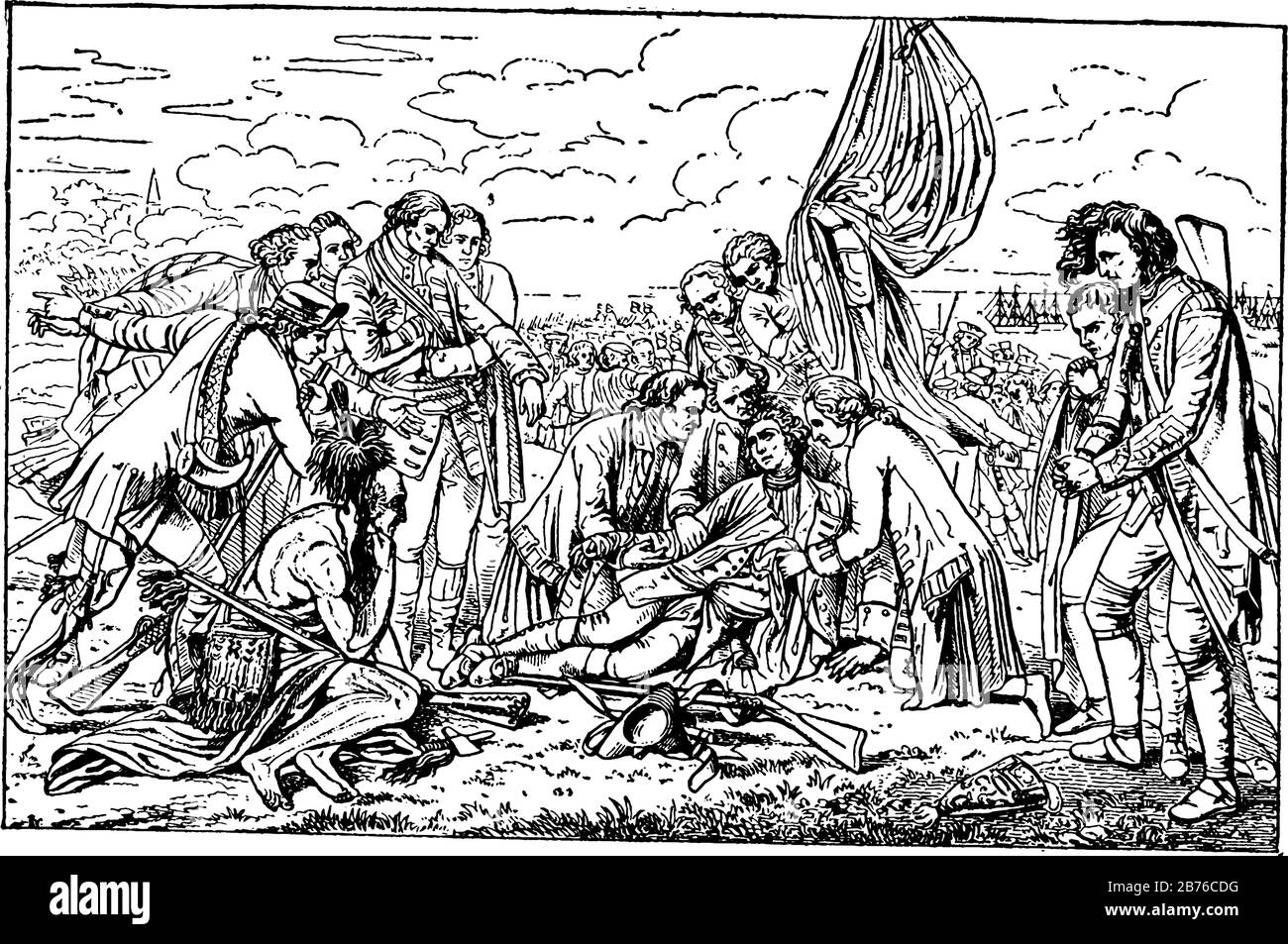 Ouest, mort du général Wolf par Benjamin West, dessin ou gravure de lignes anciennes. Illustration de Vecteur