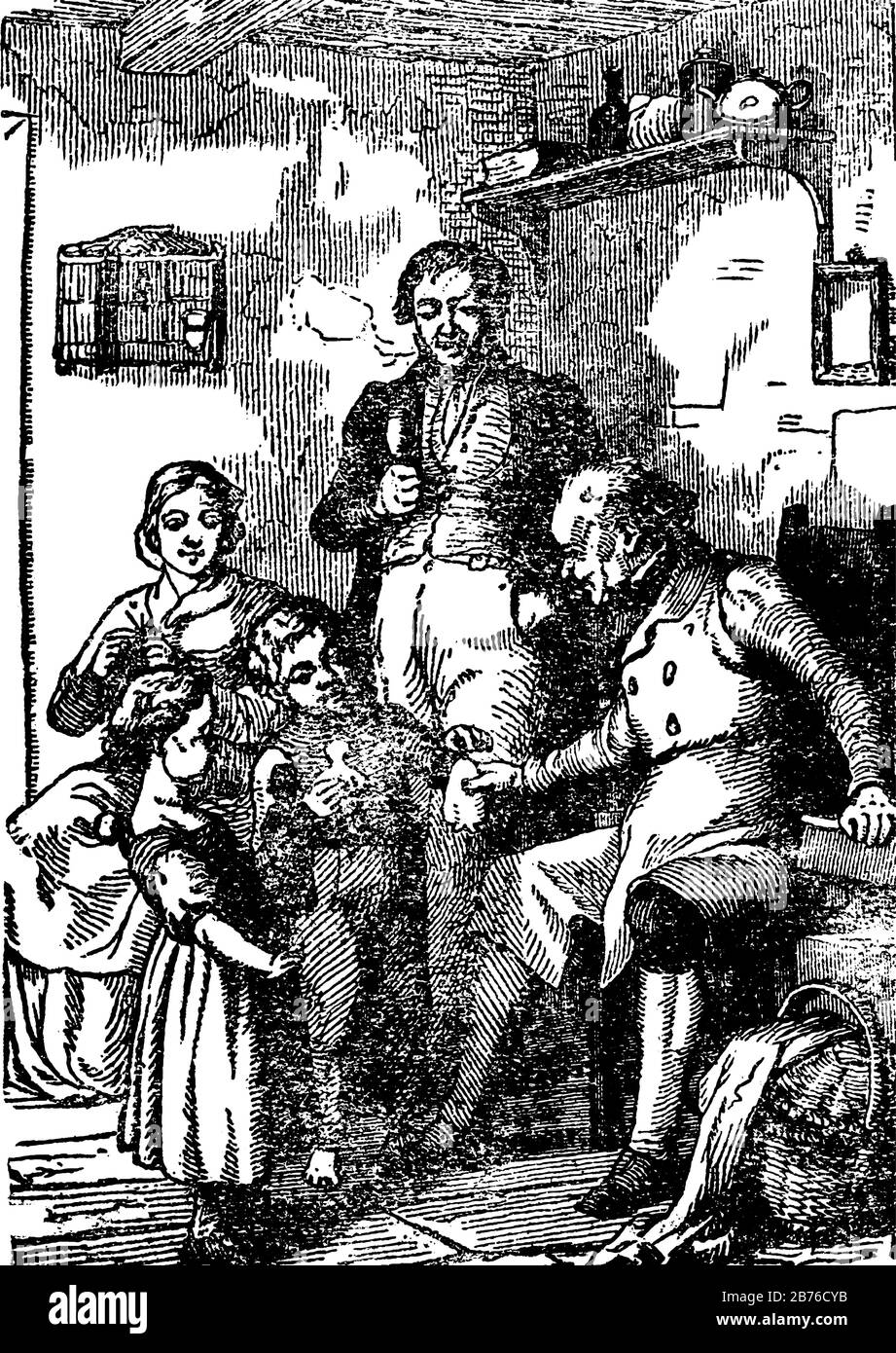 Deux hommes, une femme et deux enfants, un homme assis sur la table et donnant quelque chose à l'enfant, dessin vintage ou gravure illustration Illustration de Vecteur