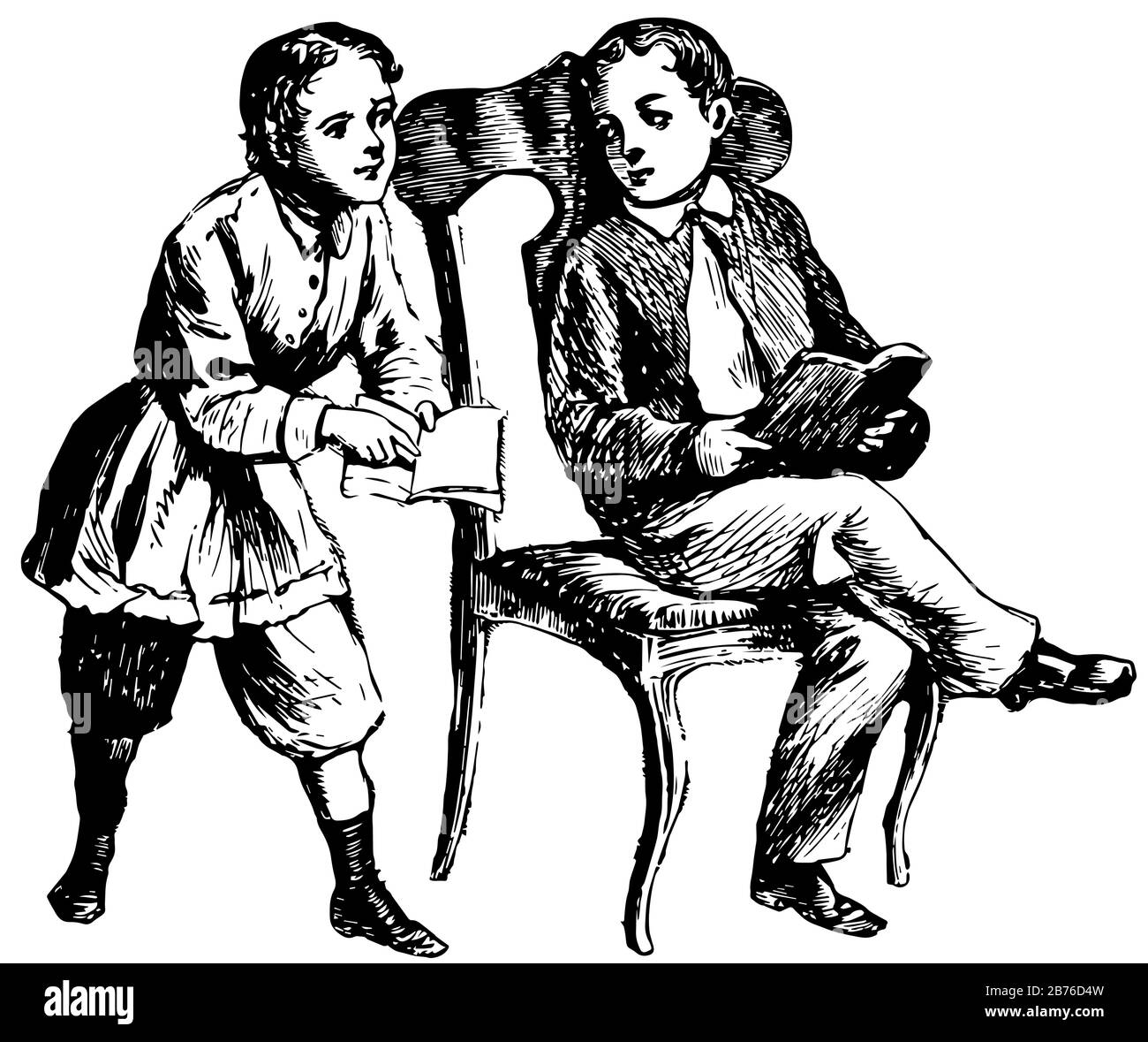 Enfants lecture, livre, garçon, chaise, fille, activité, dessin vintage ou gravure illustration. Illustration de Vecteur