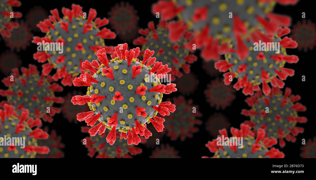 Rendu tridimensionnel de plusieurs coronavirus sur fond sombre Banque D'Images