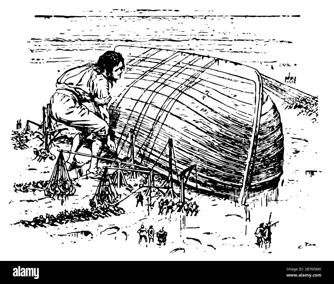 Homme retournant bateau, cette scène montre un homme géant retournant bateau sur la rive, peu de gens près de lui, mer en arrière-plan, dessin vintage de ligne ou gravure i Illustration de Vecteur