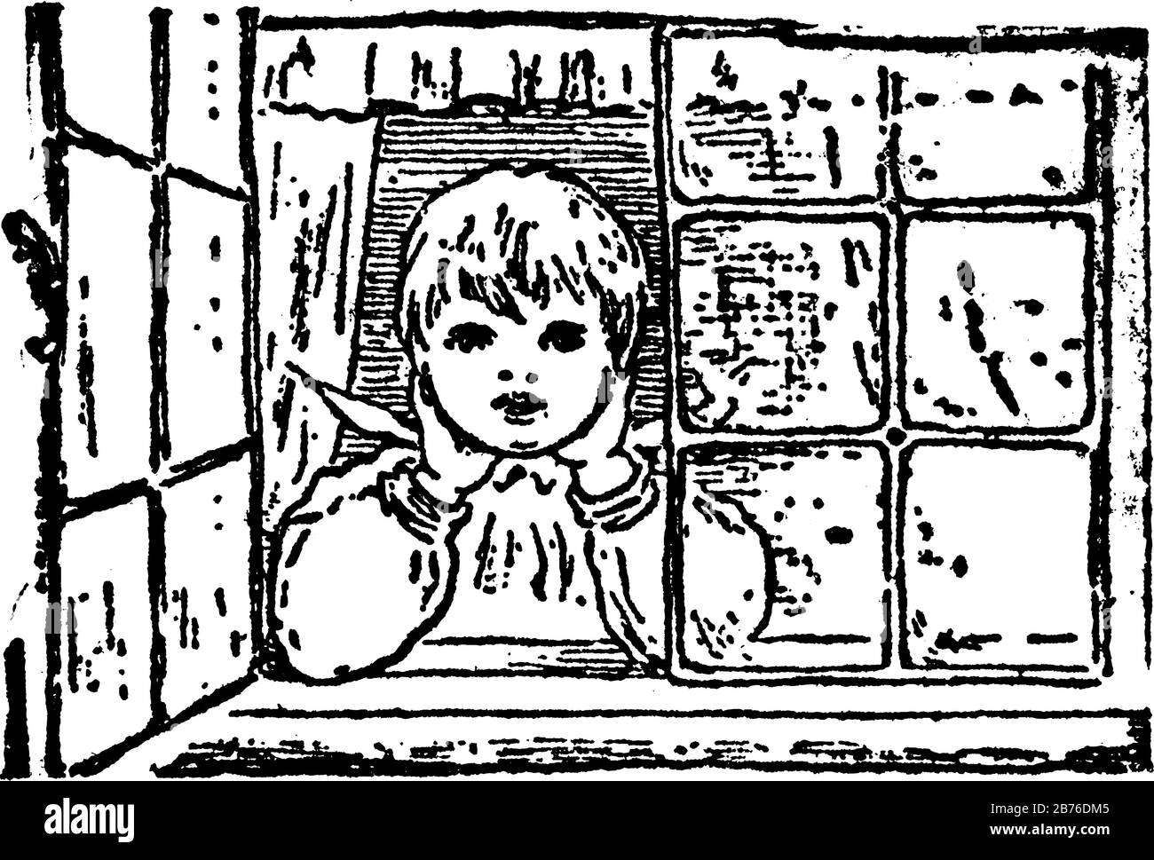 Enfant à la fenêtre regardant à l'extérieur dans cette image, dessin de ligne vintage ou illustration de gravure. Illustration de Vecteur
