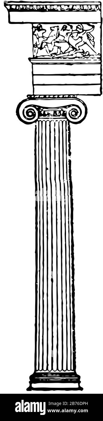 Colonne ionique, milieu, 6ème, siècle, C.-B., Ionic, volutes, capitale, dessin de ligne vintage ou illustration de gravure. Illustration de Vecteur