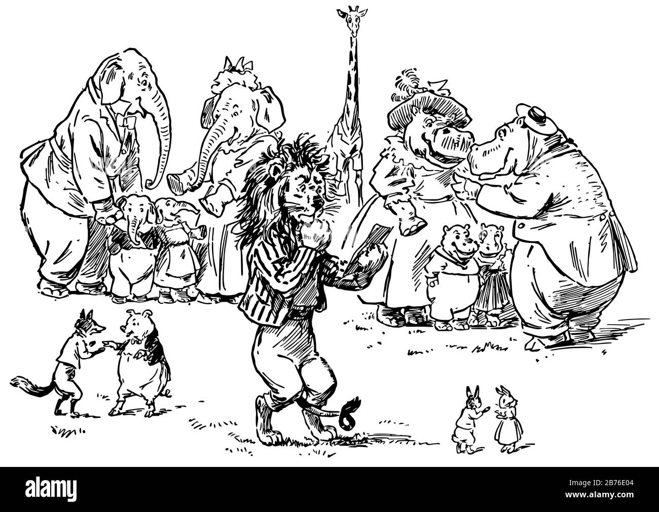 Animaux dans des robes humaines debout en groupes et se parlant eux-mêmes, un animal lisant du papier debout au milieu, vintage dessin de ligne ou gravure malade Illustration de Vecteur