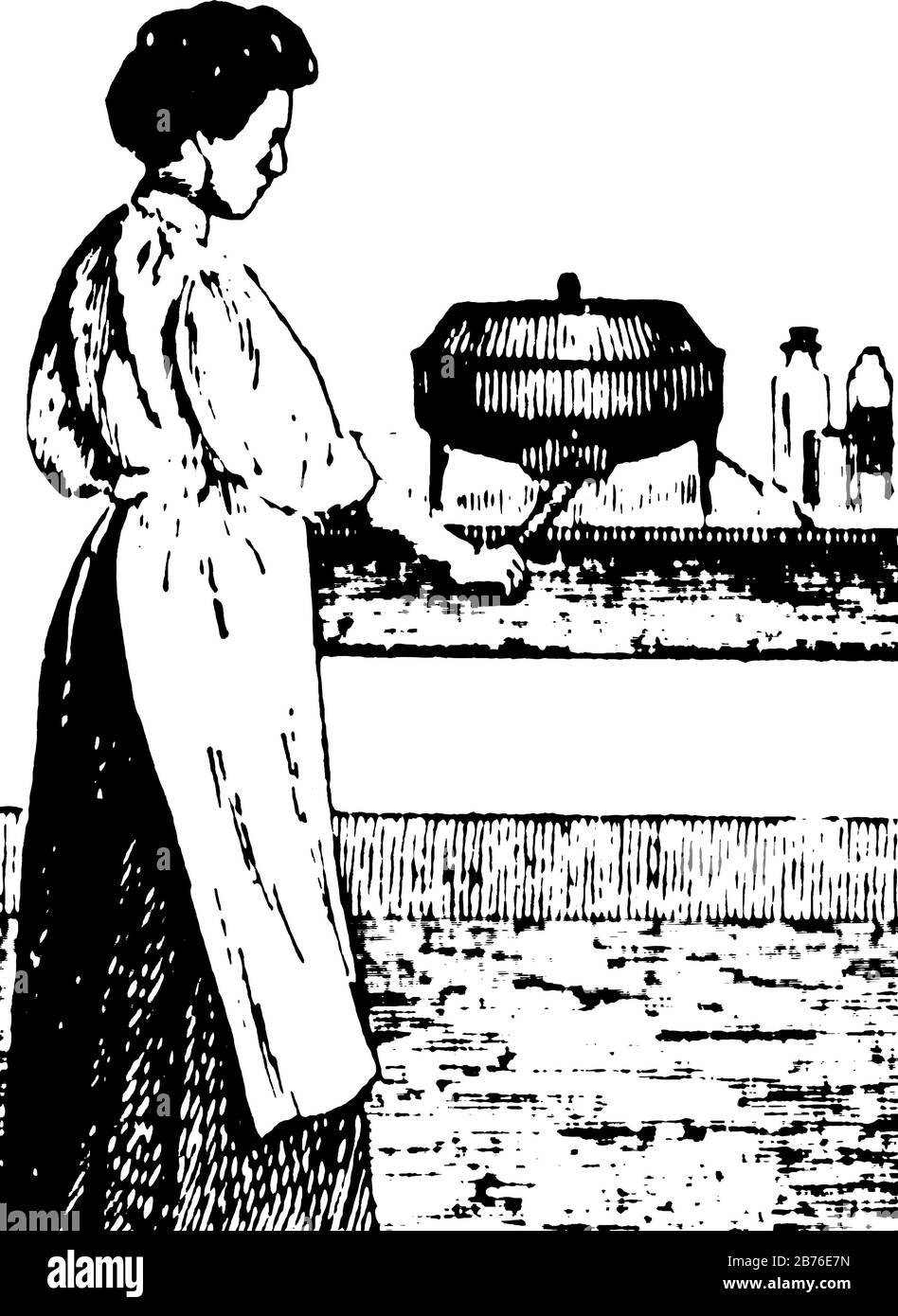 Cette illustration représente Le Lait de Whirling où une femme foulant des échantillons de lait, de dessin vintage ou de gravure illustration. Illustration de Vecteur