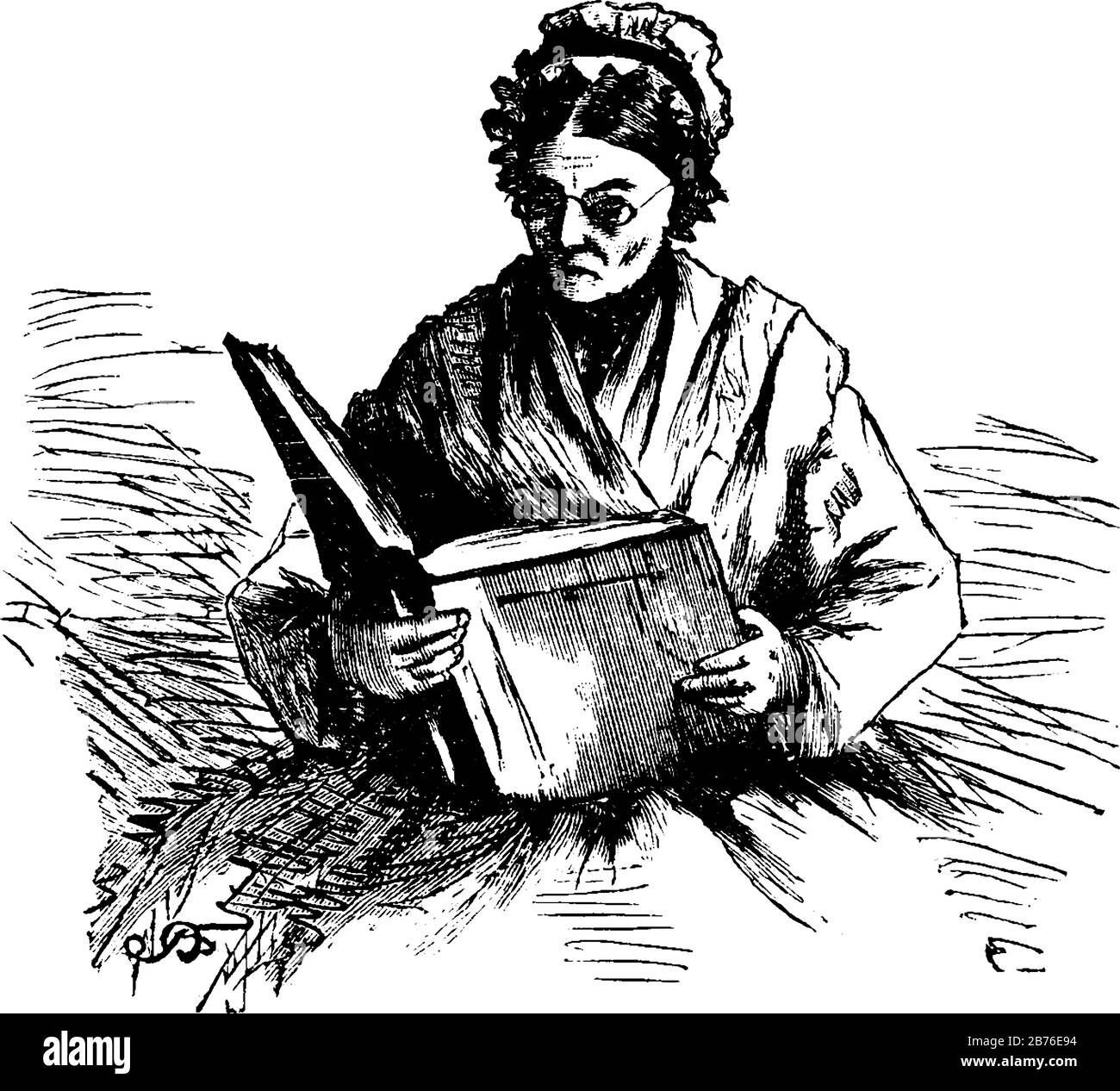 Femme lecture d'un grand livre, vieux, femme, calme, privé, vintage dessin ou gravure illustration. Illustration de Vecteur