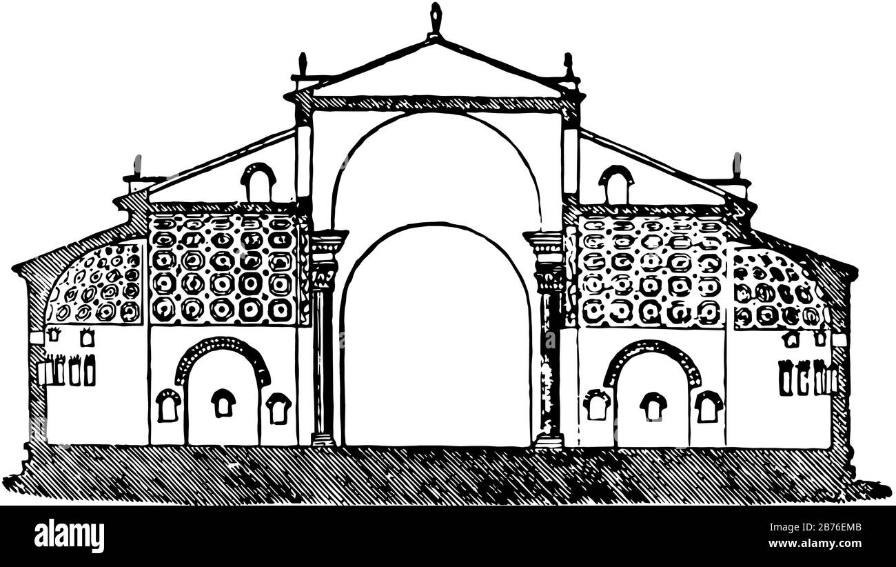 La basilique de Maxentius, de grandes voûtes qui s'entrecroisent, se leva près du Temple de la paix, du Temple de Vénus et de Rome, du dessin ou de la gravure de lignes anciennes Illustration de Vecteur