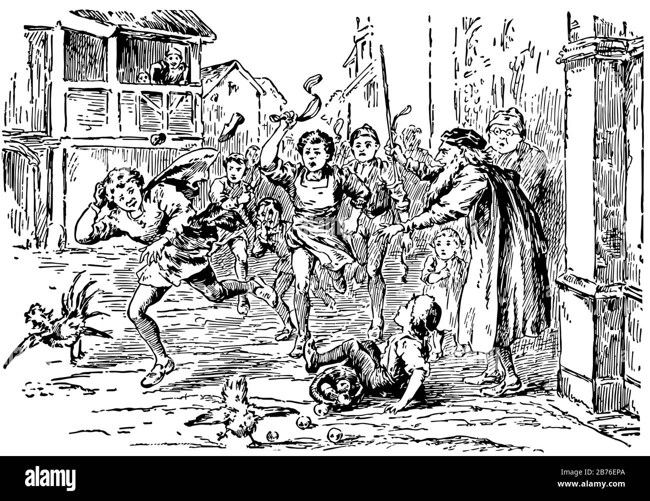 Le petit Claus et le grand Claus, cette scène montre la foule de gens qui se cachent derrière un enfant, un enfant est tombé sur le terrain un autre essayant de sauver sa tête de St Illustration de Vecteur