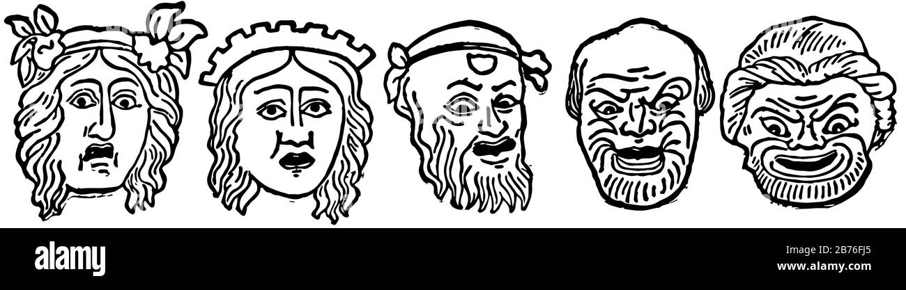 Les masques de comédie sont alors que la tragédie grecque a augmenté de plus en plus loin de l'humour et burlesque, le dessin vintage de ligne ou l'illustration de gravure. Illustration de Vecteur