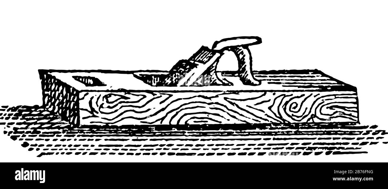 Cette illustration représente le plan qui est un outil pour le lissage de planches ou d'autres surfaces de bois, de dessin vintage ou d'illustration de gravure. Illustration de Vecteur