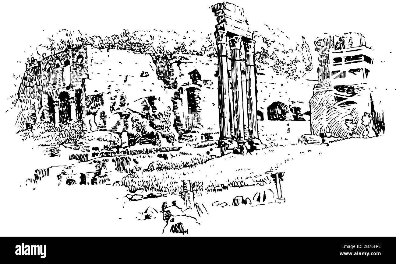 Colonnes du Temple de Castor, temple d'Auguste, le Mont Palatin, dessin de lignes anciennes ou illustration de gravure. Illustration de Vecteur