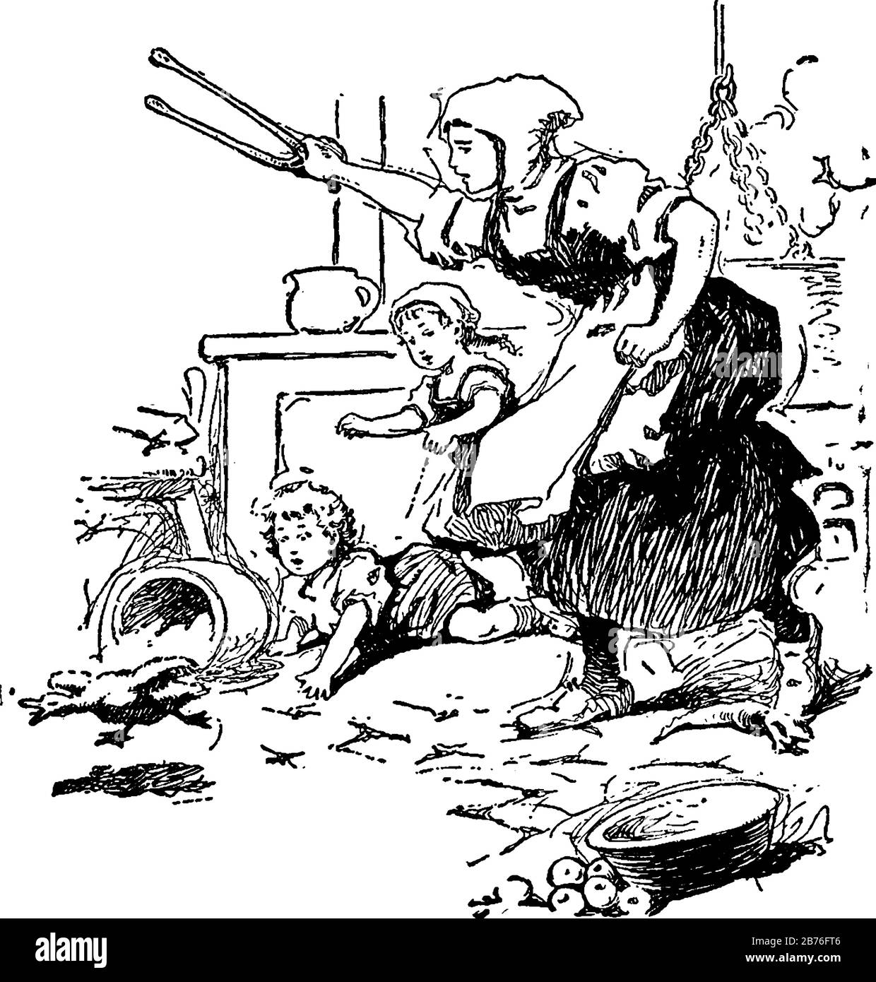 Une femme avec un tong à la main et derrière le canard, deux enfants se tenant près d'elle, dessin vintage de ligne ou illustration de gravure Illustration de Vecteur