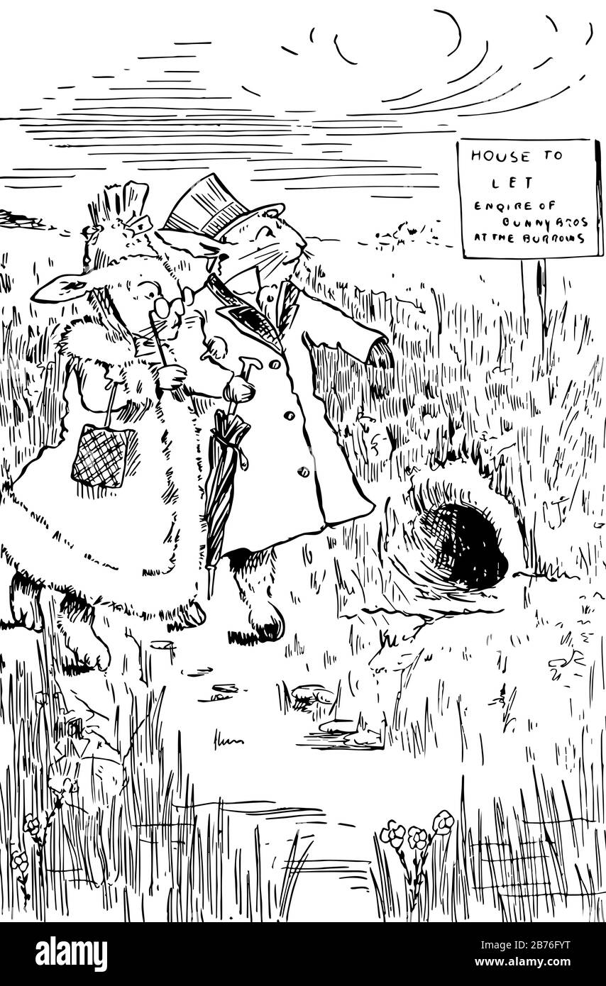 Bunnyville, cette scène montre deux lapins en robe masculine et féminine et tenant les mains, marchant dans la forêt, tenant la bourse et le parapluie, ligne vintage Illustration de Vecteur