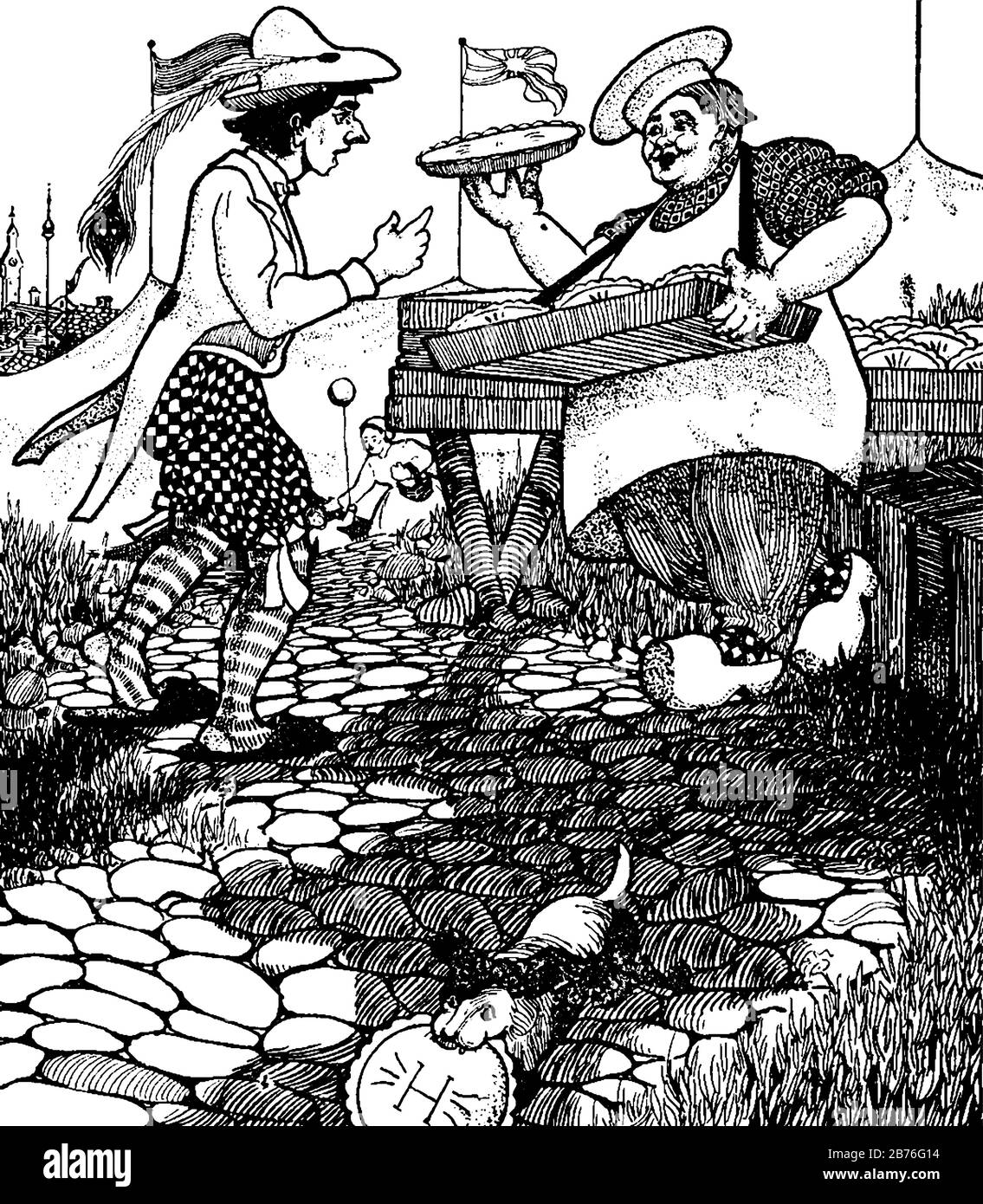 Laissez Moi Gouter Cette Scene Montre Un Homme A Tarte Qui Vend Du Gateau Et Un Homme Lui Demandant Un Chien Tenant Du Gateau Dans La Bouche Deux Drapeaux En Arriere Plan Dessin Vintage