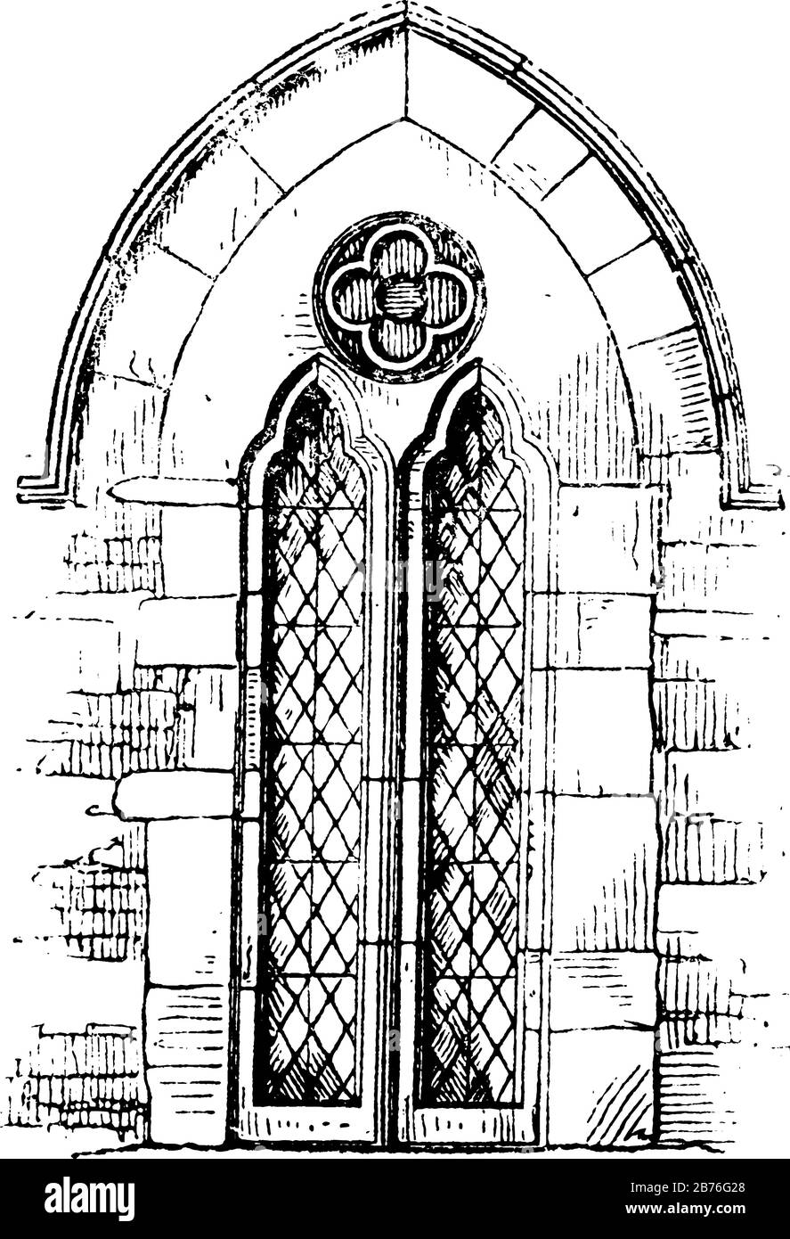 Le lancet à deux feux est un moulage simple ou groupé dans un nombre impair, une fenêtre la plus haute au centre, un dessin de ligne vintage ou une illustration de gravure. Illustration de Vecteur