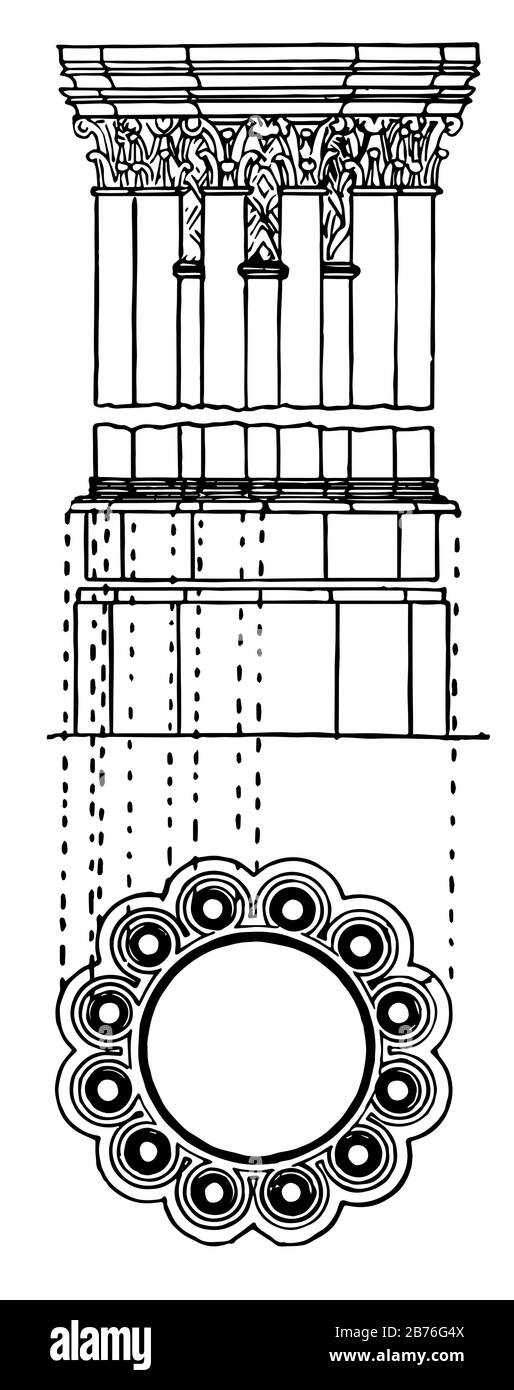 Cluster Pier, une capitale foliaire élaborée, le terme architectural, une colonne en grappe, une illustration de dessin ou de gravure de lignes anciennes. Illustration de Vecteur
