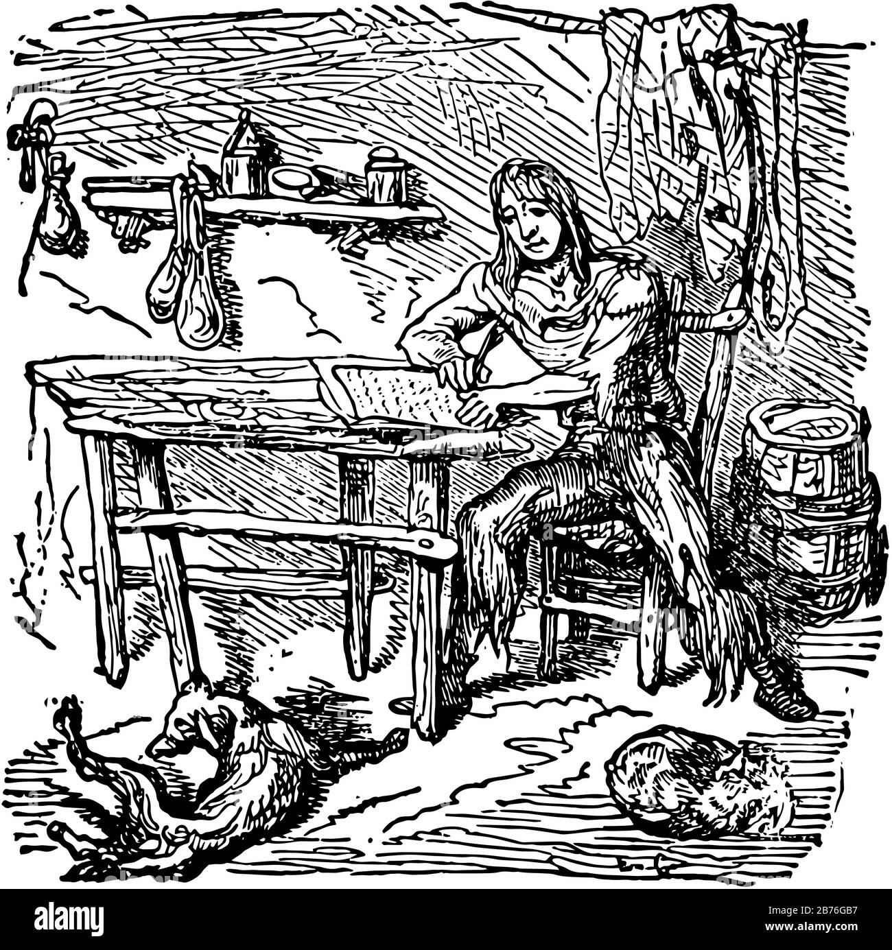 Robinson Crusoe et son journal, cette scène montre un garçon assis sur la chaise et l'agenda d'écriture, journal tenu sur la table devant lui, chien et chat sur le terrain, Illustration de Vecteur