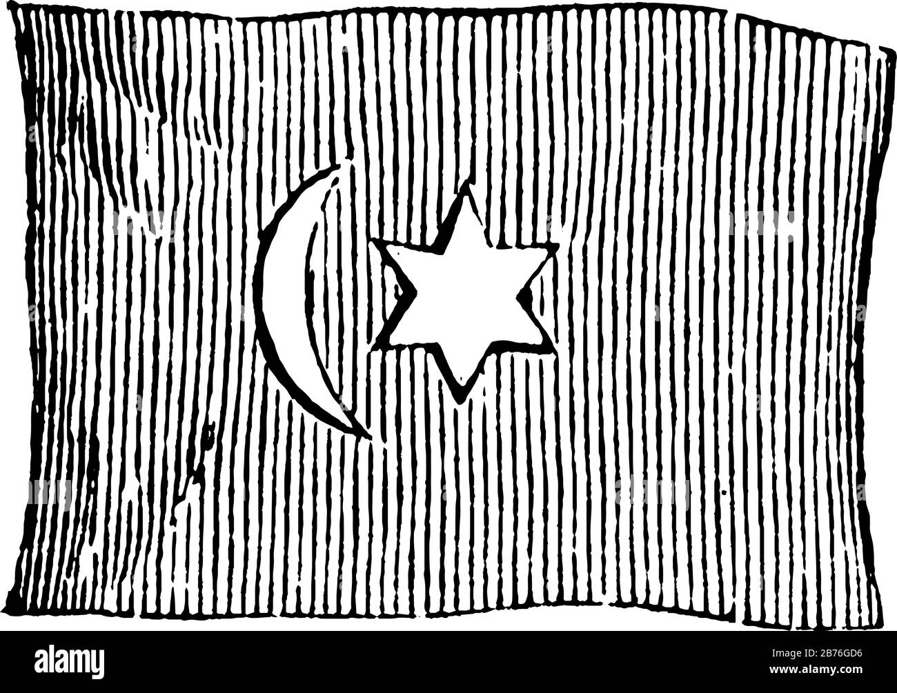 Drapeau de la Turquie, 1881, ce drapeau a un croissant vertical et six étoiles pointues légèrement à gauche du centre , dessin de ligne vintage ou gravure illustratio Illustration de Vecteur