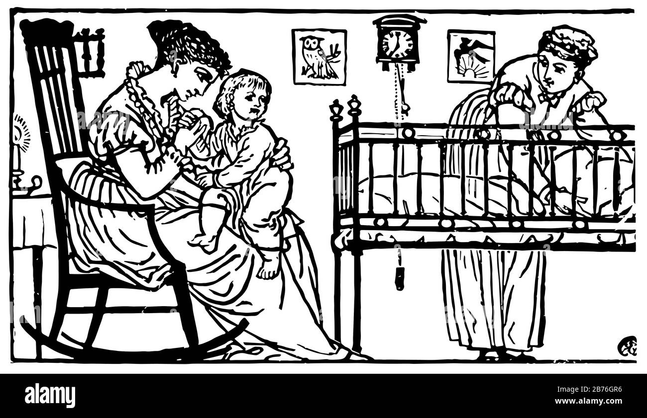Tôt au lit, cette scène montre une femme assise sur la chaise avec bébé et une autre femme nettoyant berceau de bébé, cadre de chouette et horloge sur le mur, vintage li Illustration de Vecteur