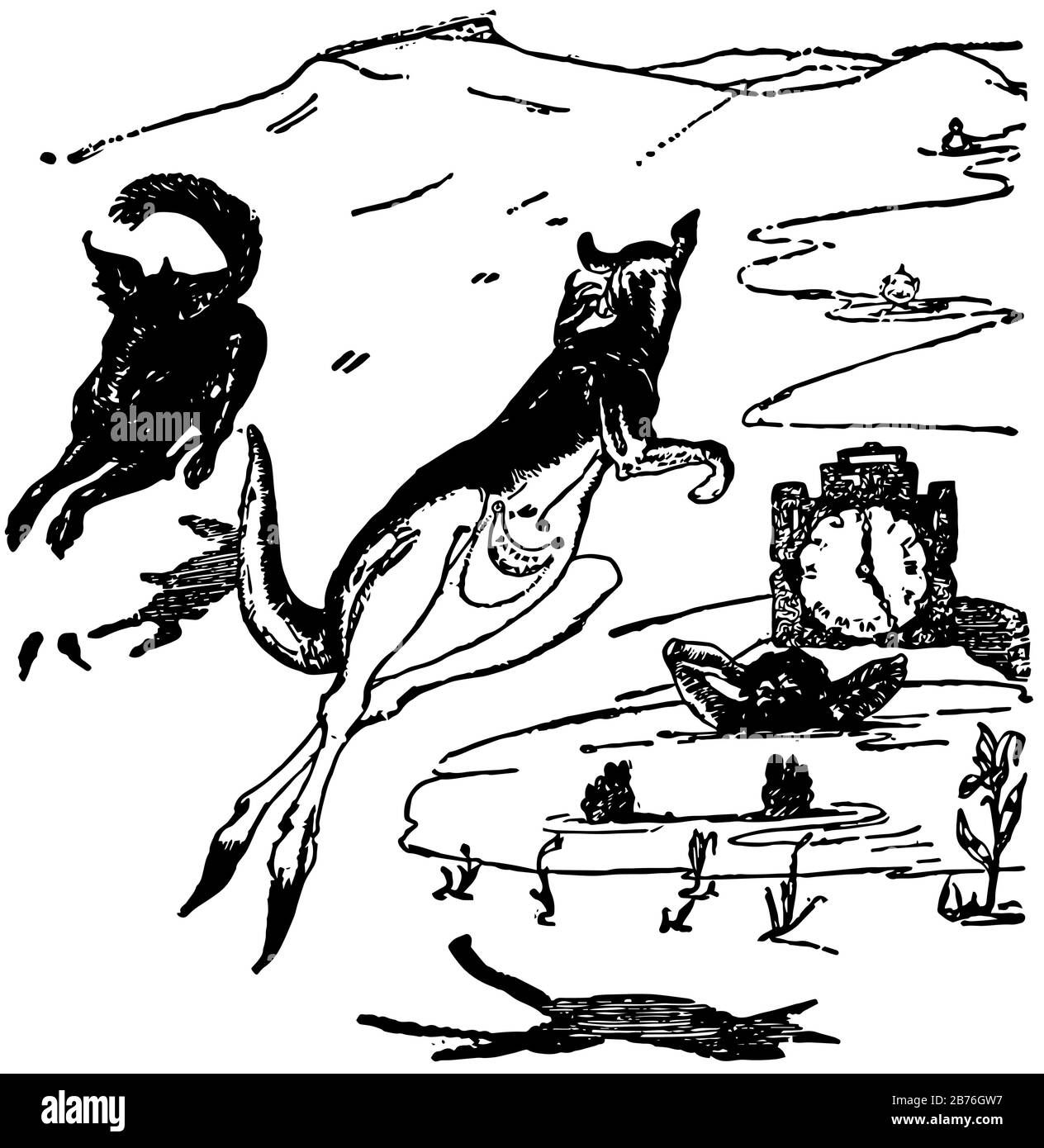Old Man Kangaroo, cette scène montre deux animaux en marche et un homme dans l'eau, montagnes en arrière-plan, dessin vintage de ligne ou illustration de gravure Illustration de Vecteur