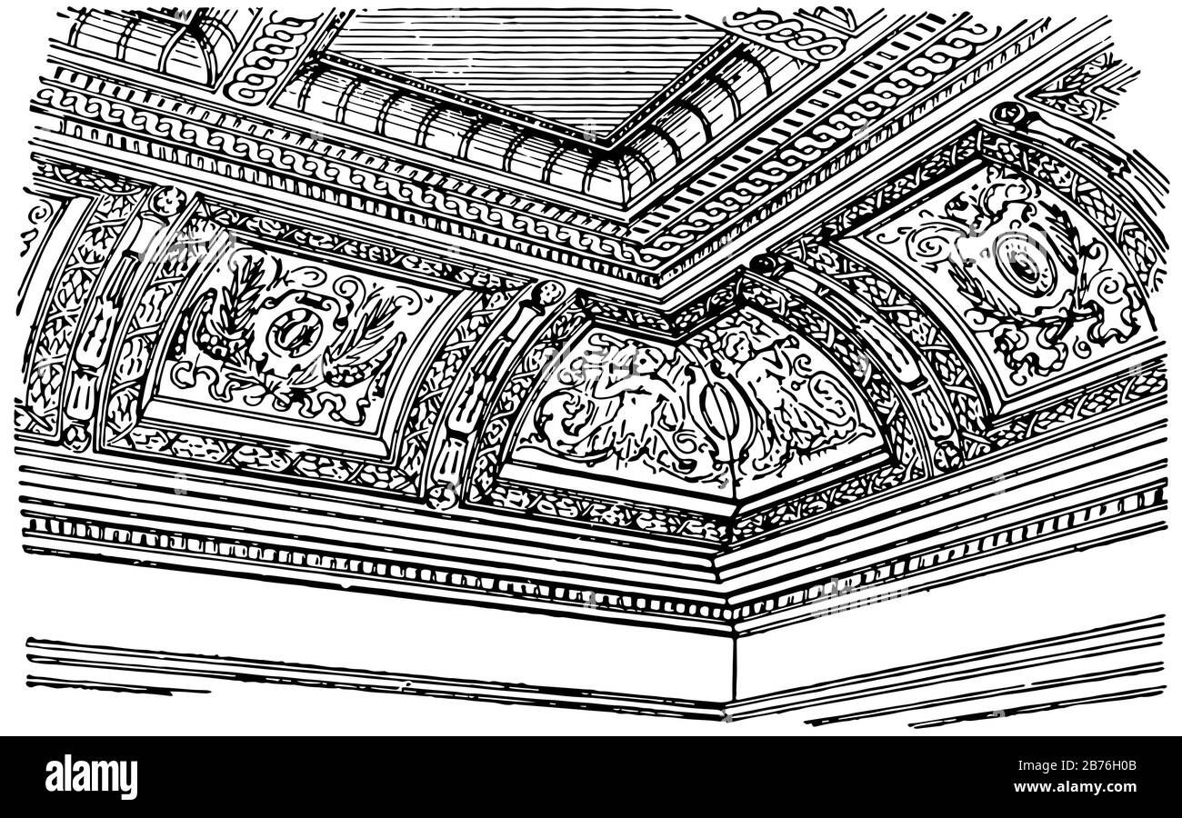 Plafond à deux côtés ou arqué, côté, mur, arrondi, cadrage, dessin vintage ou illustration de gravure. Illustration de Vecteur