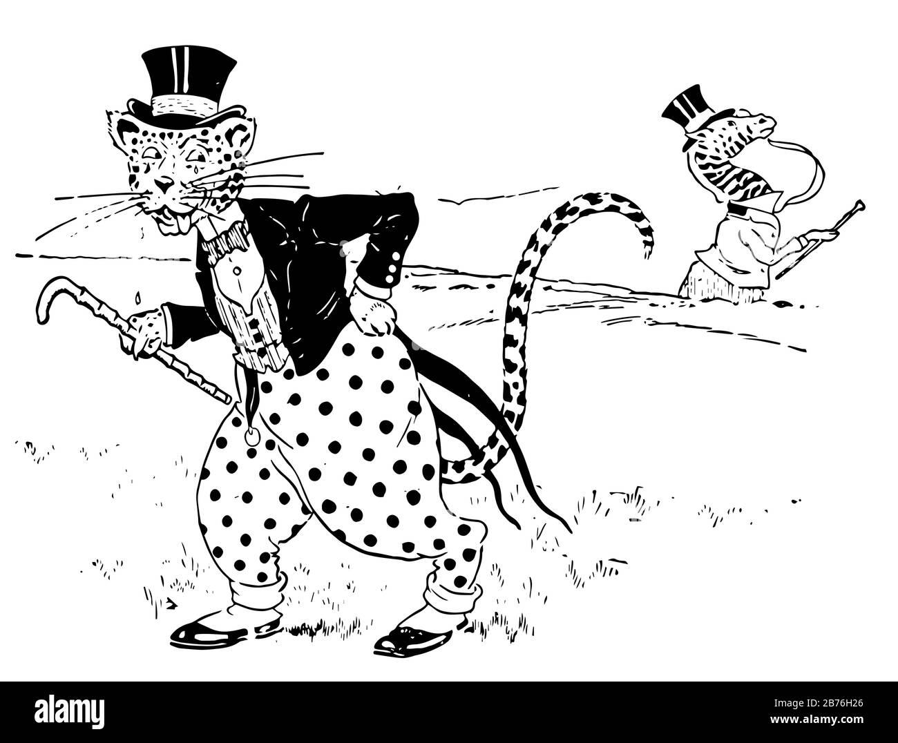 Léopard, deux animaux habillés et debout et larmes tombant des yeux d'animaux, dessin vintage ou gravure illustration Illustration de Vecteur
