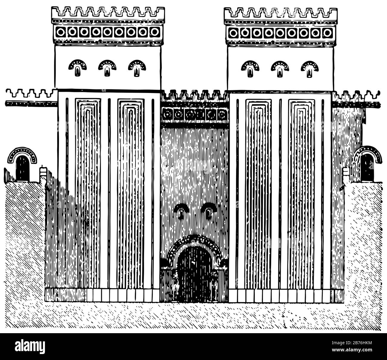 Faade du Grand Hall, temple de Ptolemaic, colonne, Edfu, façade, Ptolemaic, dessin de ligne vintage ou illustration de gravure. Illustration de Vecteur