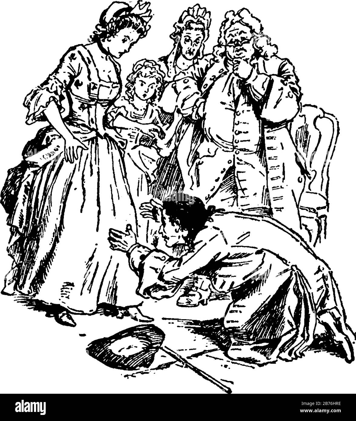 Gulliver Stoops à L'Épouse, cette scène montre une famille, et un homme s'attelle aux genoux de sa femme et d'autres membres de la famille debout et le regardant, vi Illustration de Vecteur