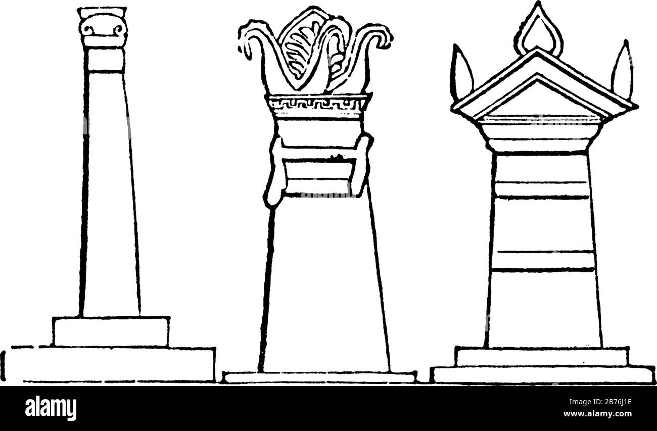 Sepulchral colonnes de diverses formes ou un théâtre grec, les trois spécimens dans la coupe annexée, Athènes, Gutta dans l'architecture Doric, vintage ligne dr Illustration de Vecteur