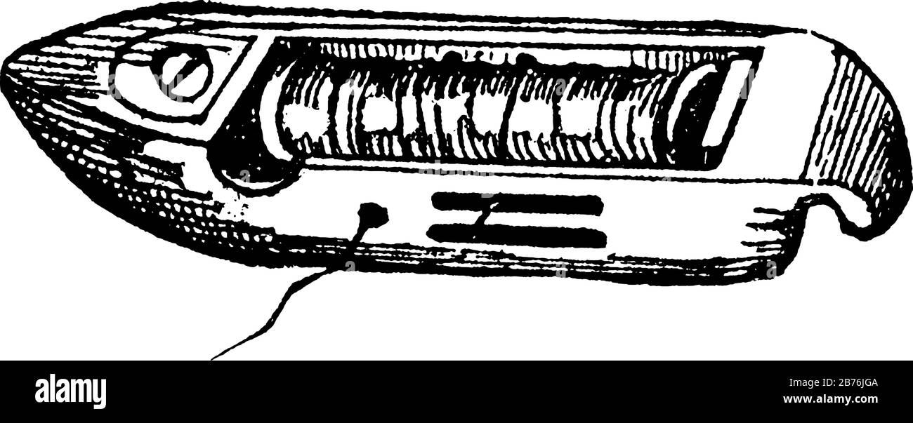 Cette illustration représente Shuttle qui est utilisé pour transporter le fil de trame entre les fils de chaîne dans le tissage, le dessin de ligne vintage ou la gravure Illustration de Vecteur