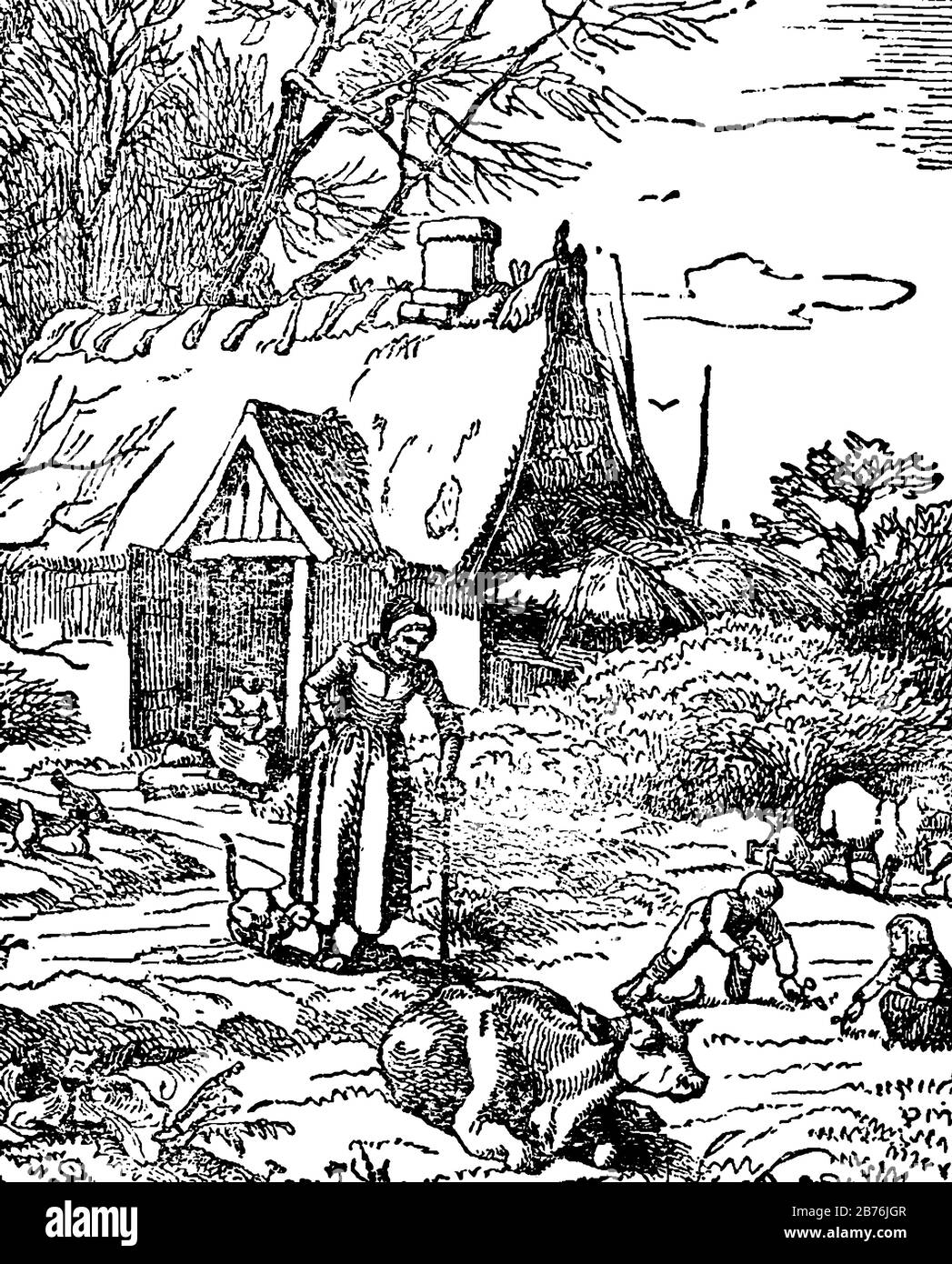 Une vieille dame avec bâton à l'extérieur de la maison et regardant deux enfants faire quelque chose sur le sol, vache assise sur le sol, arbres en arrière-plan, vintage li Illustration de Vecteur