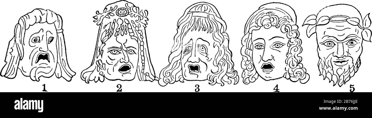 Masque de tragédie utilisé dans La Tragédie de cette image, dessin de ligne vintage ou illustration de gravure. Illustration de Vecteur