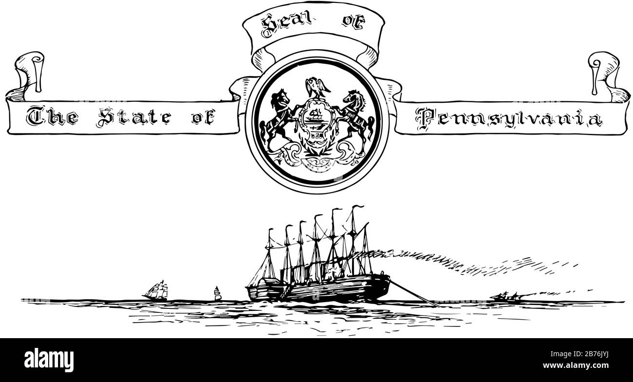 Le sceau des États-Unis de Pennsylvanie, ce phoque a des navires et de la mer en arrière-plan, il a deux chevaux autour du bouclier, bouclier a navire, charrue et trois s. Illustration de Vecteur