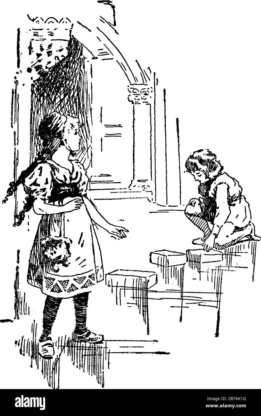 Gerda et Kay, cette scène montre deux filles, une fille est debout et une autre fille assise sur les genoux, dessin vintage de ligne ou illustration de gravure Illustration de Vecteur