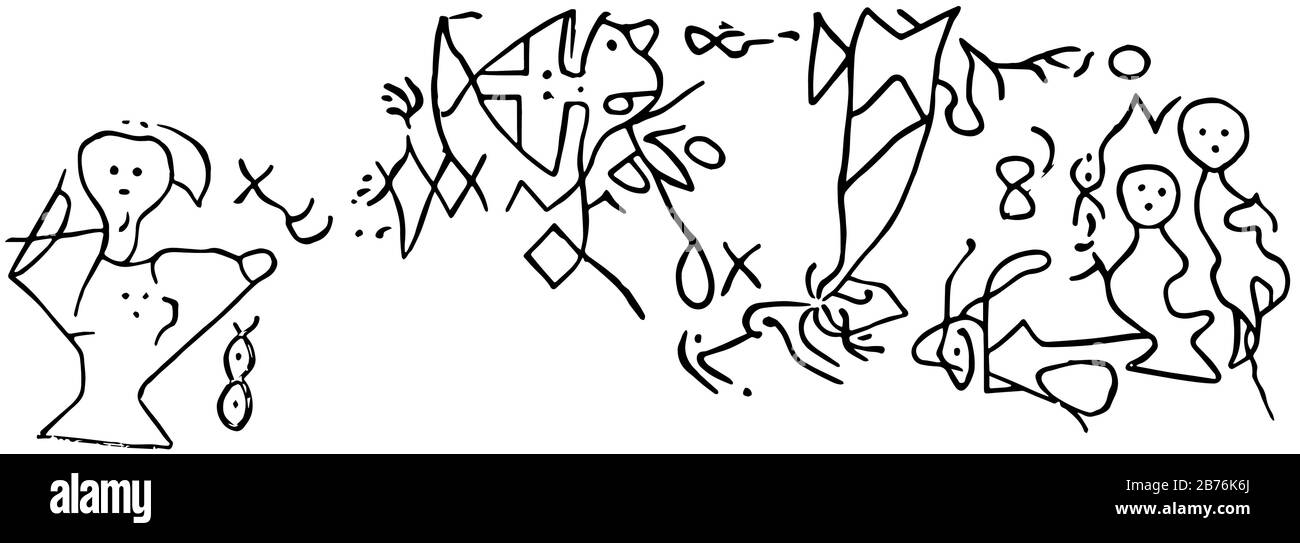 Les Inscriptions Dighton Rock VII sont des inscriptions gigantesques de rochers, un dessin vintage ou une illustration de gravure. Illustration de Vecteur