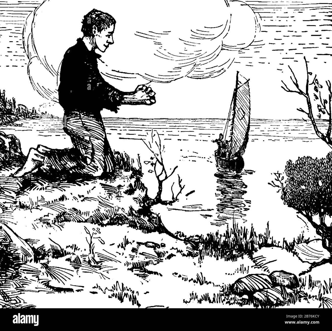 Un homme avec des mains croisées assis sur les genoux sur la rive et des gens en bateau dans l'eau, dessin vintage de ligne ou illustration de gravure Illustration de Vecteur