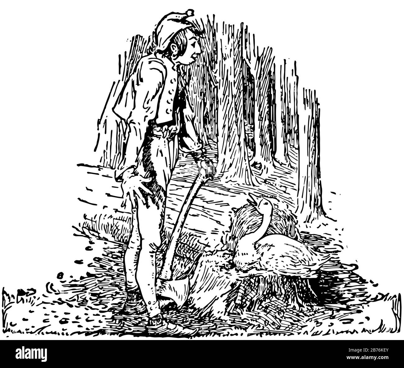 La OIE d'or, une oie assise sur un demi-arbre coupé et parlant à un garçon qui a hache dans sa main et le long chapeau de queue sur sa tête, ils sont tous deux surroun Illustration de Vecteur