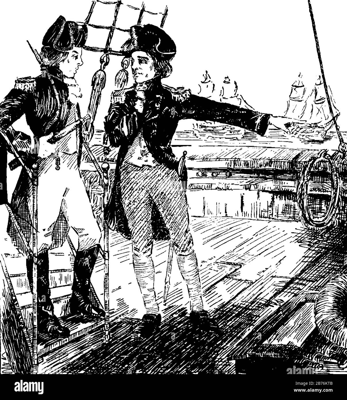 Deux hommes se tenant dans le navire dans l'eau et parler, bateaux en arrière-plan, dessin vintage de ligne ou illustration de gravure Illustration de Vecteur