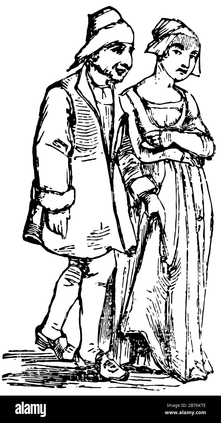 Homme et femme portant une robe au seizième siècle, dessin vintage ou illustration de gravure. Illustration de Vecteur