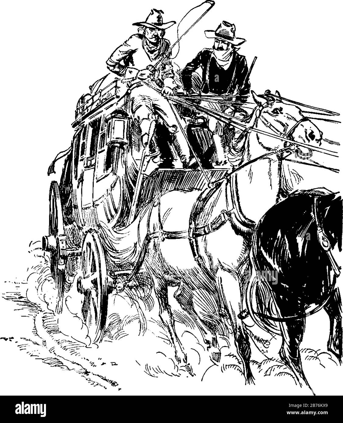 Deux personnes dans un chariot tiré par des chevaux, dessin de ligne vintage ou illustration de gravure Illustration de Vecteur