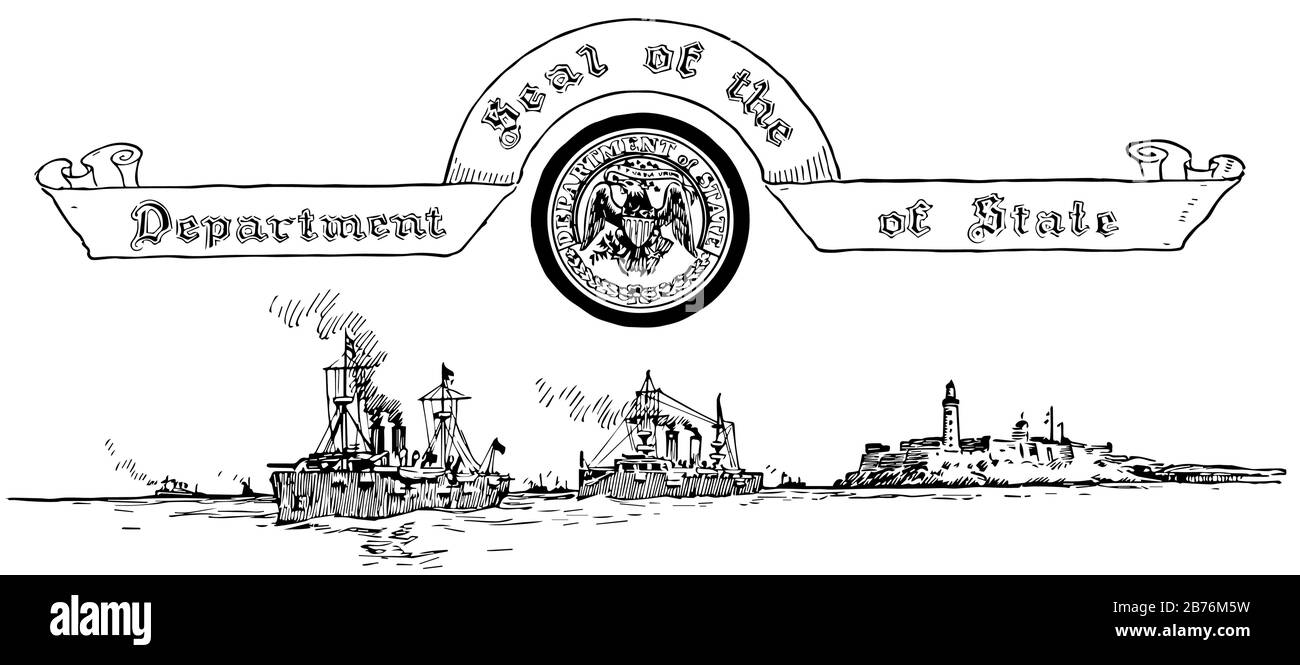 Le sceau des États-Unis du Département d'État, ce phoque a un aigle avec un bouclier et des flèches en cercle au centre, il a aussi des navires et de la mer en arrière-plan Illustration de Vecteur