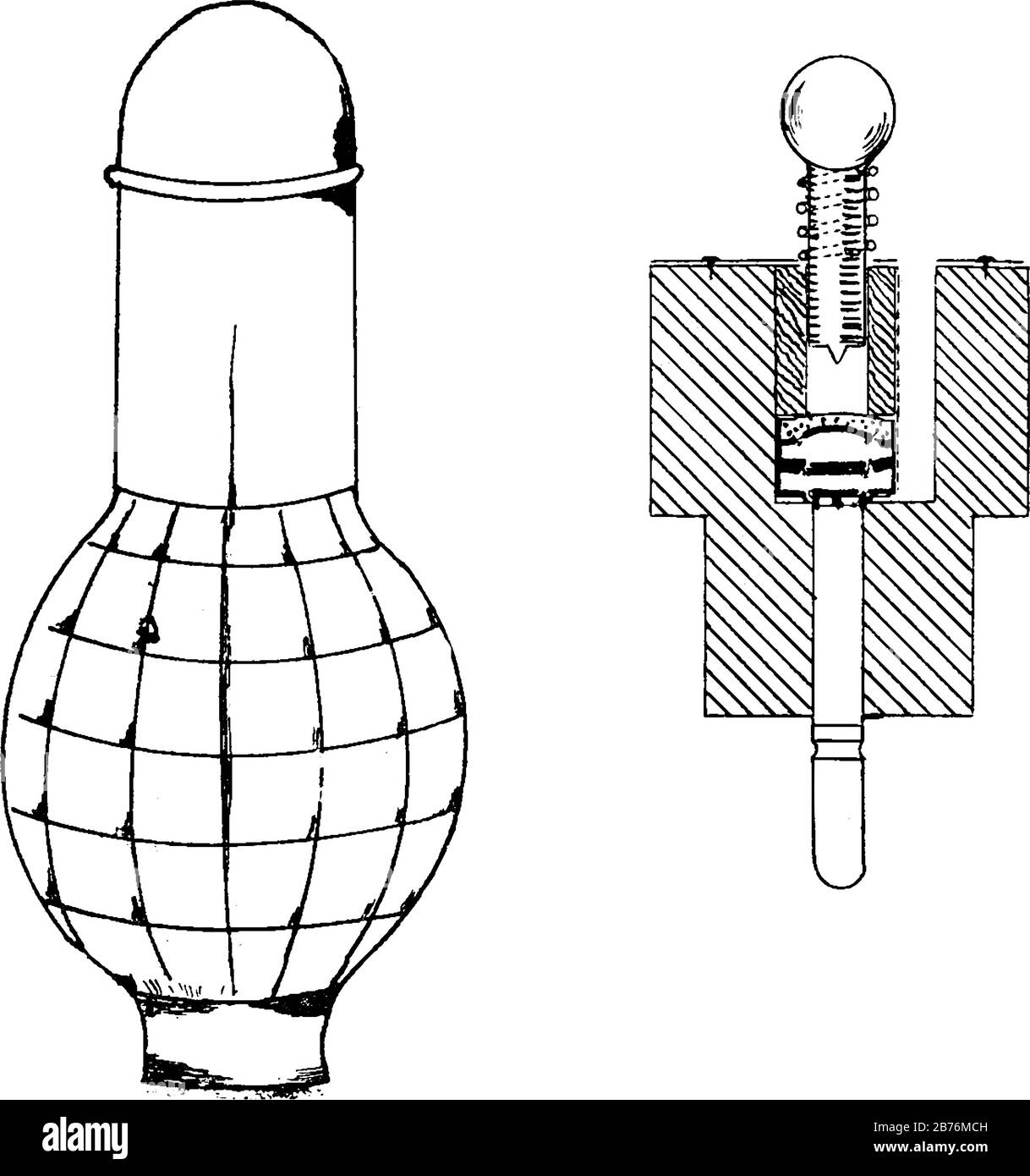 Grenade qui a trois parties, un corps en fonte en forme de citron, dentelé,  un ignître spécial fixé par trois épingles en bois dans le collier de la  grenade et Image Vectorielle