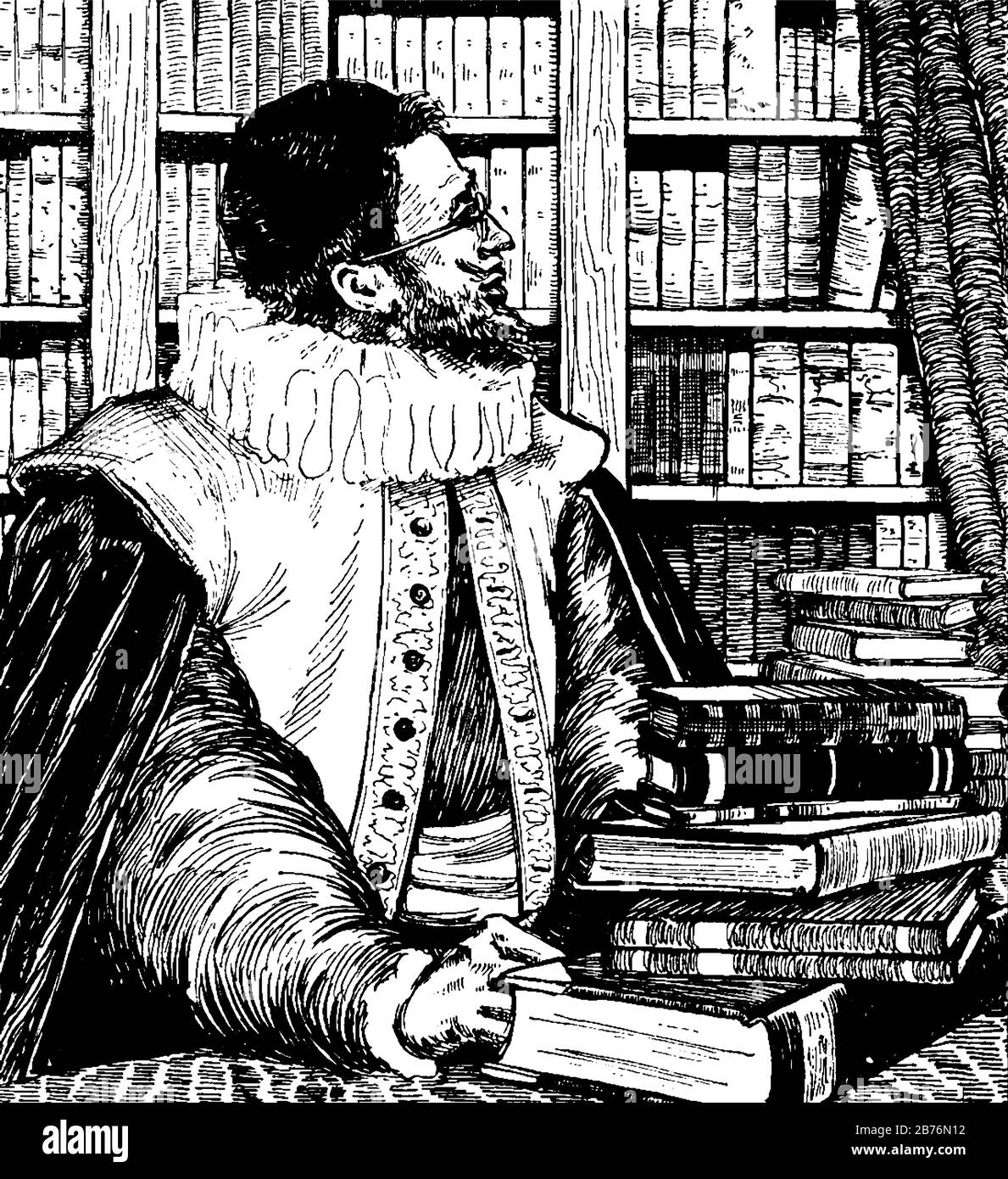 Country Squire, cette scène montre un homme assis sur la chaise et réserver une étagère derrière lui, il ya des livres sur la table devant lui, vintage ligne dessin ou e Illustration de Vecteur