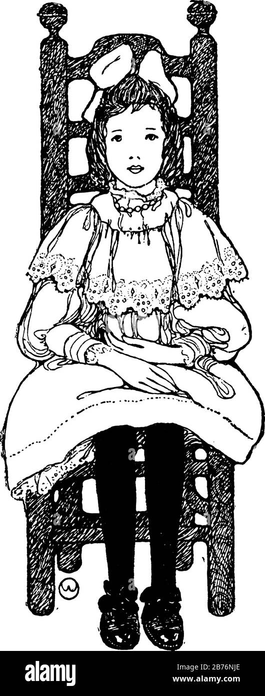 L'image montre une petite fille portant une grenouille et un noeud sur sa tête avec ses mains reposé sur ses genoux lorsqu'elle se trouve sur la chaise, dessin vintage de ligne Illustration de Vecteur