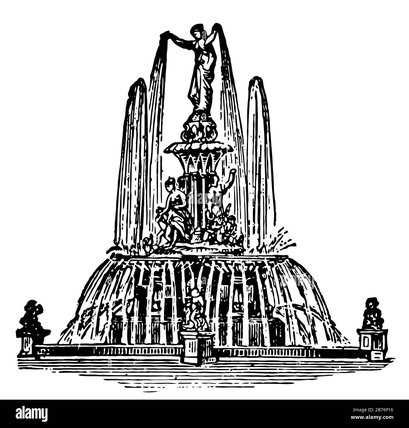 Fontaine est un bassin artificiel contenant de l'eau, un bassin ou des jets, de l'air pour fournir de l'eau potable, un dessin de ligne vintage ou une illustration de gravure. Illustration de Vecteur