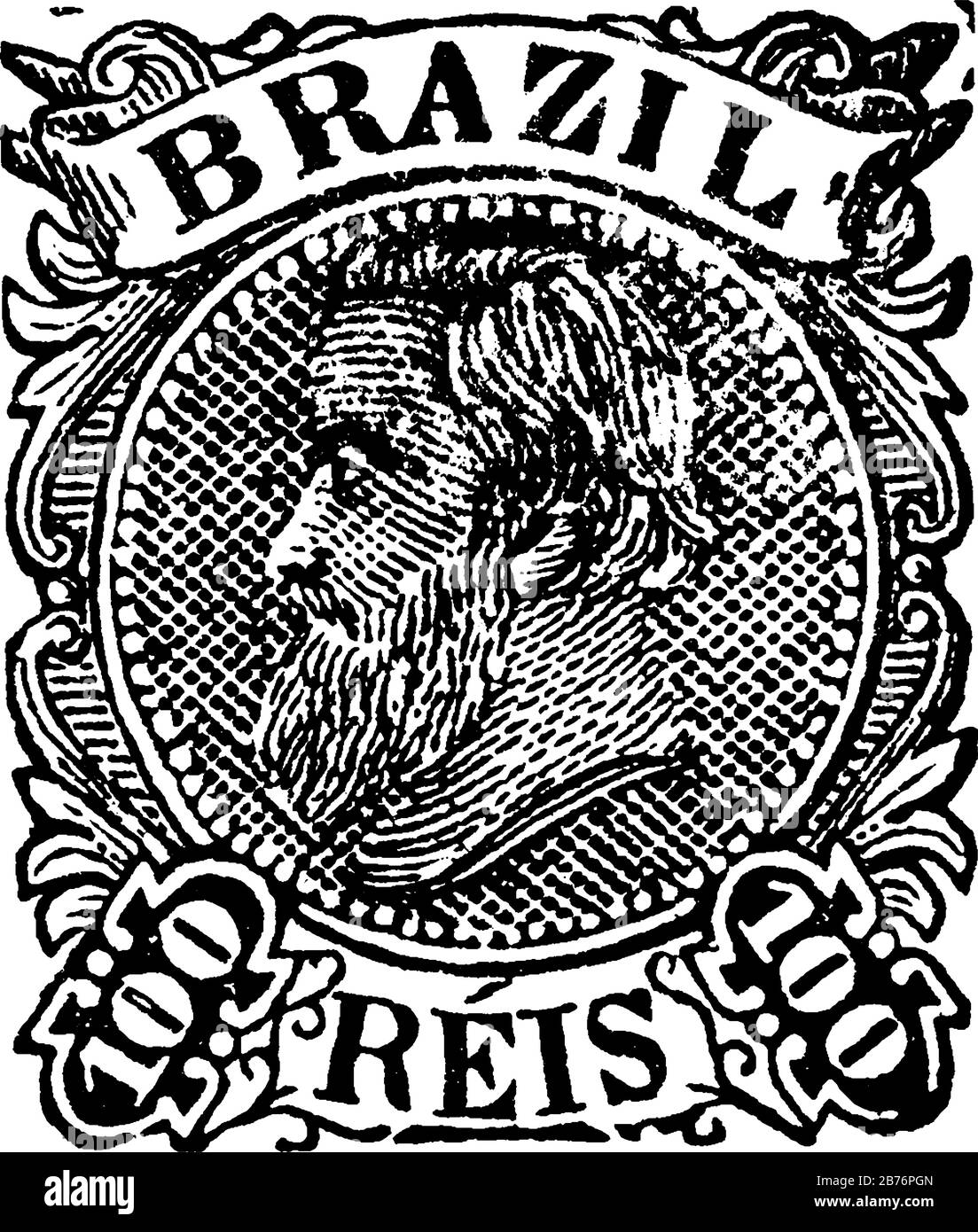Brésil Stamp (100 reis) de 1882 à 1885, un petit morceau de papier adhésif a été coincé à quelque chose pour montrer une quantité d'argent payé, principalement un timbre-poste Illustration de Vecteur