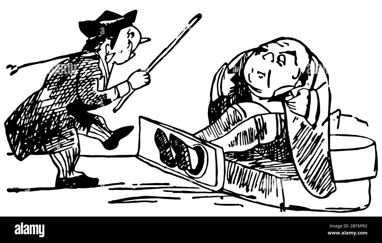 Edward Lear, cette scène montre un homme met un autre homme dans les stocks par le beadle et le scolding, dessin vintage de ligne ou illustration de gravure Illustration de Vecteur